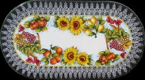 art: TROFF-005 Tavolo in pietra lavica ovale con decoro arance, limoni, girasoli, uva, papaveri e merletto su bordo in pietra naturale
