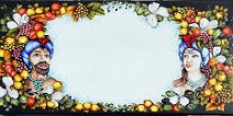Art: TRFM-160 Tavolo in pietra lavica rettangolare con fantasia di limoni, fiori di cappero, uva, melograni, arance con incastonate una coppia di mori siciliani e bordi...